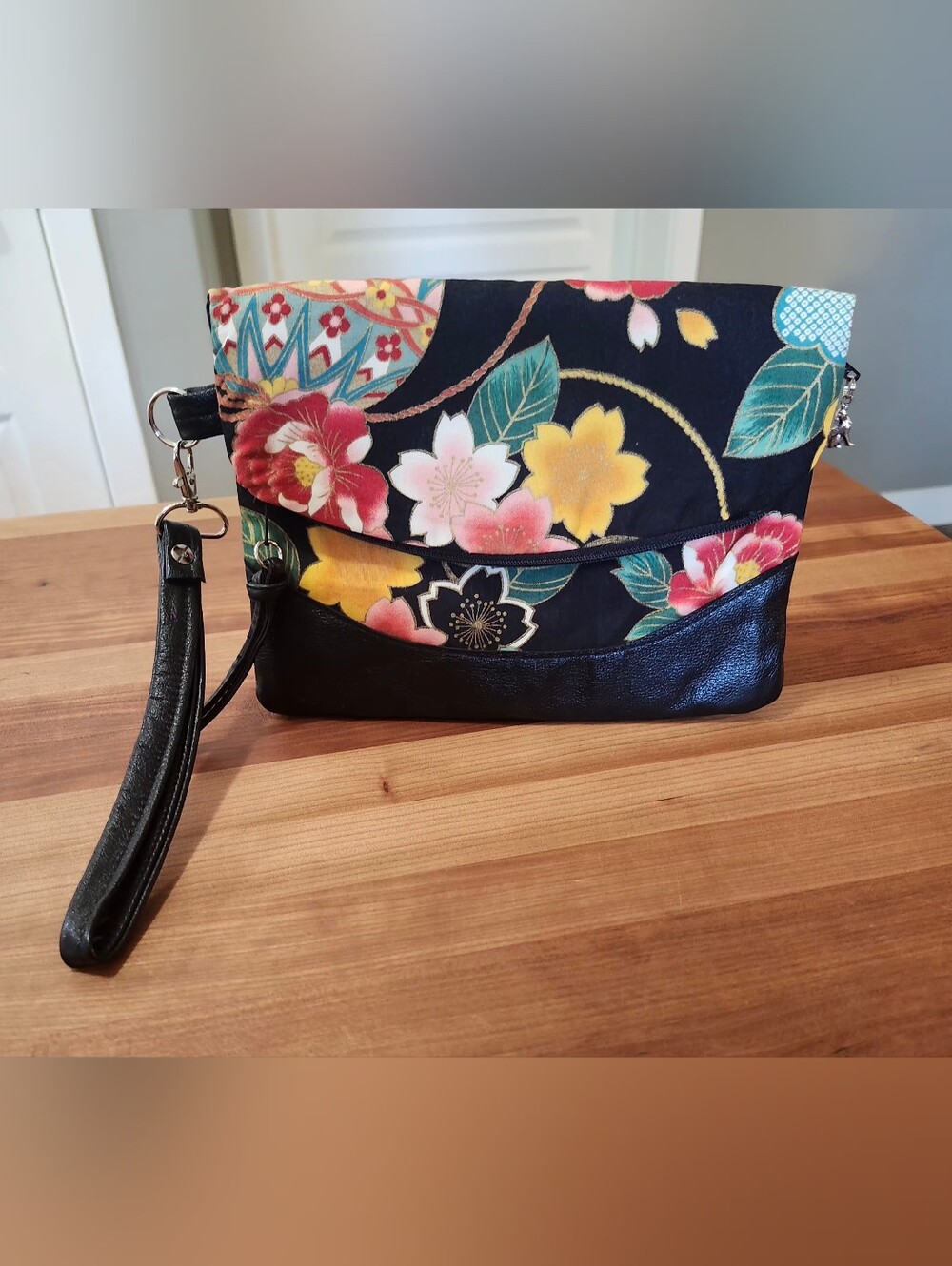Japanese Inspired Floral Black Wristlet Clutch .